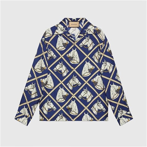 구찌 블루 앤 브라운 승마 프린트 실크 셔츠（매장가 180만원）